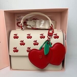 Betsey Johnson Cherry Satchel Bag Cream Red Heart Charm Multi Piece Set New